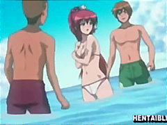anime, beach, busty, cartoon, dp, hentai, penetration, toon, double, red-head